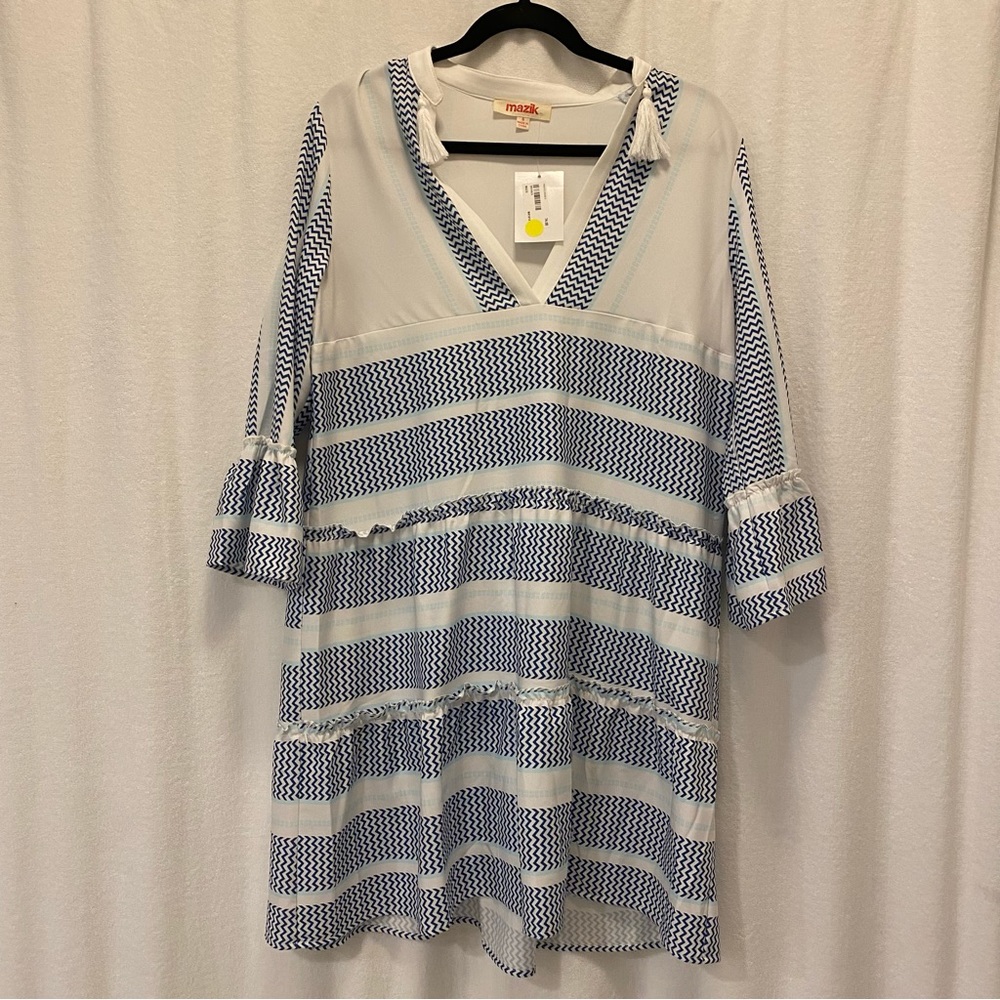 NWT Mazik Tiered Tunic Blue & White with ruffle sleeves size small
